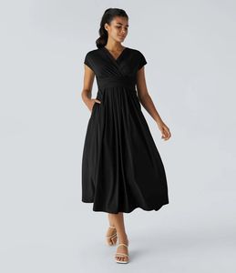 Robe midi décontractée unie à col en V et manches courtes avec poches, séchage rapide, pour <span class=keywords><strong>femme</strong></span> - Vente en gros - Product Image 2
