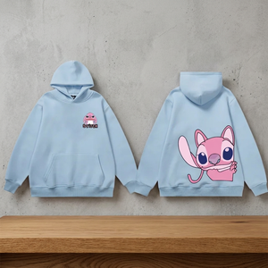 เสื้อฮู้ดดี้สีฟ้าสำหรับผู้หญิงและผู้ชาย รุ่น L ลายการ์ตูนตัวอักษร Stitch Angel Monster ดีไซน์น่ารักสไตล์ฮาราจูกุ พร้อมกระเป๋า - Product Image 3