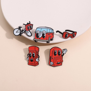 Divertido ojos grandes estilo dibujos animados rojo teléfono cabina autobús bicicleta escuela bolso suave esmalte solapa Pin - Product Image 5