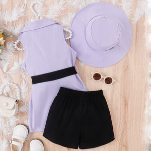 Set estivo da ragazza: bretelle con bretelle piccole e medie + <span class=keywords><strong>Shorts</strong></span> + Blazer senza maniche + cappello Set di quattro pezzi - Product Image 5