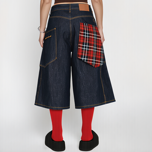 Shorts Vaqueros Anchos Vintage para <span class=keywords><strong>Mujer</strong></span>, Estilo Británico Retro, Pantalones de Siete Puntos Lavados con Bolsillos Cosidos con Cuadros Escoceses - Product Image 3