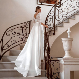 Wedding Dress A-Line V-Neck Lace Mid Sleeve Ivory White Natural Waistline Simple Style - Product Image 2