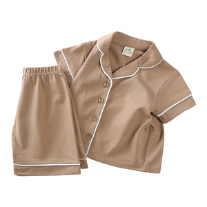Ensemble décontracté de style danois pour garçons et filles Pyjama d'été en coton doux Motif solide Tissu peigné - Product Image 4