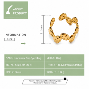 Bague ouverte en acier inoxydable martelé, forme ovale, avec placage sous vide or 14K, options de couleurs or et argent - Product Image 4
