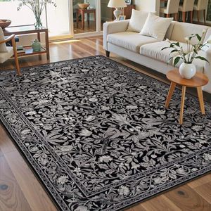 Tapis de salon haut de gamme rectangulaire à motifs de plantes et de fleurs, résistant aux taches, style transitionnel, pour salon - Product Image 2