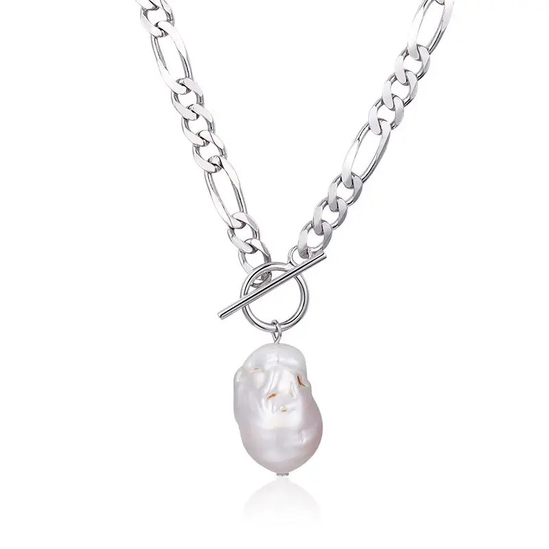 Collier chaîne Figaro en argent S925 pour femme et fille, pendentif en perles d'eau douce, style Baroque, breloque à bascule, toque