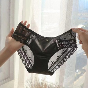 Wholesale Solid <strong>Panties</strong> Shiny Satin Nylon Front Sheer Mesh With <strong>Tiny</strong> Bow Print Scalloped Lace Trim Low Rise Women Underwear - Product Image 6