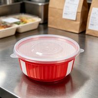 Bol à emporter en plastique rouge et blanc pour usage en restaurant, boîte d'emballage alimentaire résistante au congélateur avec couvercle transparent