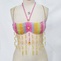Tenue de vacances rave faite main, cache-maillot perlé arc-en-ciel, crop top de plage bohème, chaîne de corps à pampilles en cristal vibrant, bralette