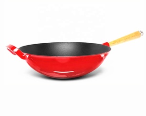 Wok de hierro fundido esmaltado de estilo chino, olla de hierro fundido con un mango de madera, tamaño grande <span class=keywords><strong>para</strong></span> el hogar, cocina, fábrica, buen precio - Product Image 4