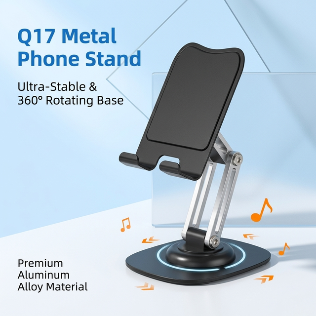 360° Rotating Phone Tablet Stand | Dual-Axis Foldable Metal Base | Anti-Slip Weighted Desktop Holder | Q17 Stand for Office Live