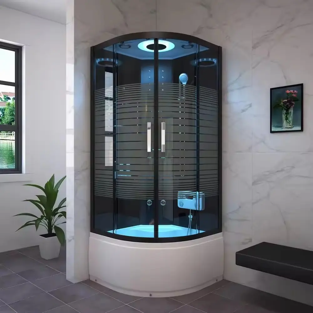 Banheiro pré-fabricado com banheira, banheira e chuveiro combinados em um quarto, banheira de massagem, chuveiro, cabine de banho a vapor