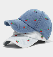 Gorra de Béisbol de Mezclilla con Bordado de Cereza, Gorras de Béisbol Unisex de Algodón Lavado de 6 Paneles, Gorras Deportivas Casuales para Exteriores