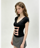 Chemisier décontracté pour femme, col en V, manches courtes, dentelle, orné de perles, nœud rose, coupe ajustée, découpe frontale, style doux