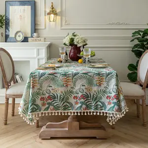 复古绿色植物印花圆桌套高档欧式流苏桌布