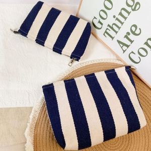 Custom Classic Striped Canvas Women's Eco-Friendly Large Foldable Cosmetic Pouch Zipper Portable <b>Storage</b> for Travel Makeup - Product Image 6