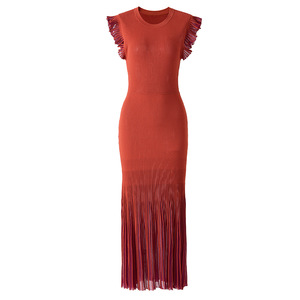 Robe longue plissée élégante en maille avec manches à volants, col rond, sans manches, taille naturelle, couleur unie, respirante pour femme - Product Image 2