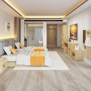 Lits jumeaux en bois clair à prix abordable avec tête de lit rembourrée en tissu, cadre en MDF durable pour appartements, complexes hôteliers et chambres d'hôtes de motels - Product Image 2