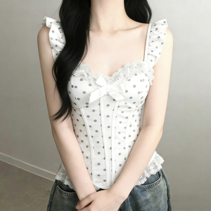 Débardeur Femme Y2K à Pois Doux avec Dentelle et Patchwork, Détail Nœud, Coupe Ajustée, Taille Cintrée, Esthétique Mignonne, Camisole - Product Image 3