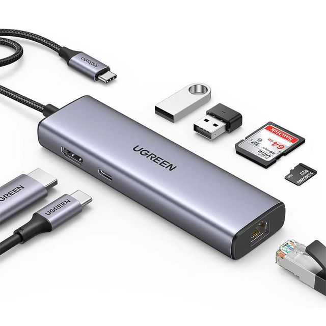 UGREEN 7 in 1 USB C Hub 4K Multiport Adapter 1Gbps Ethernet 100W PD 2 USB 3.0 SD/TF Card Reader USB C Dongle for Laptop