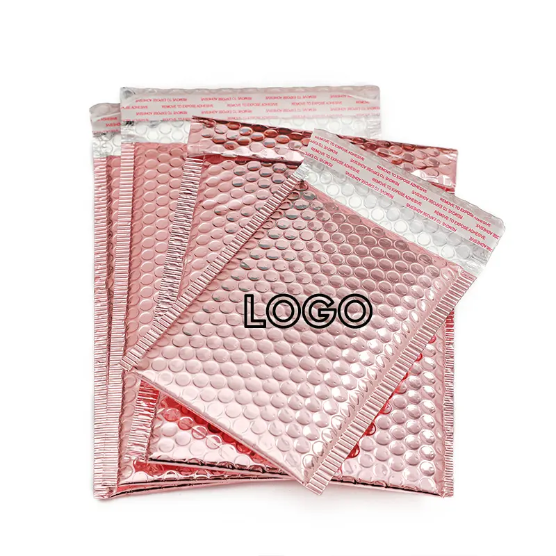 Sobres de plástico con impresión personalizada, bolsas de papel metalizado, rosa, dorado, para correo, acolchadas, con logotipo