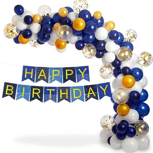 Baby Shower Birthday Balloon Arch Kit Garland Decorations HAPPY BIRTHDAYバナーLatex Gold Confetti White Navy Blue Balloons