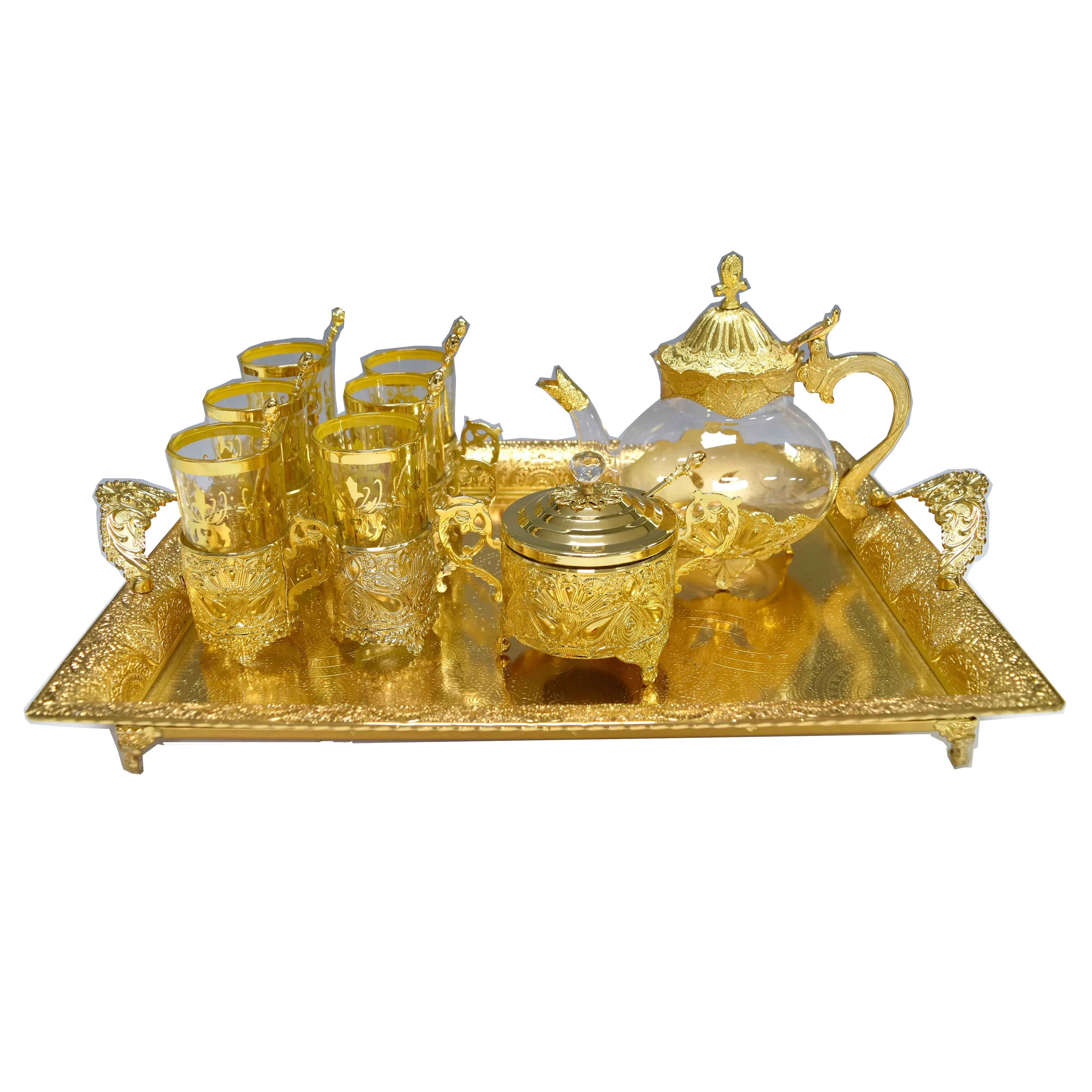 Luxury drinkware gold plated tea cup set with 6 glasses spoon tray sugar pot