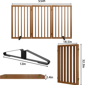 Wholesale 3 Panel Foldable Freestanding Dog <strong>Gate</strong>, 32 Inch Tall Brown <strong>Wooden</strong> Pet Fence for Indoor <strong>Stair</strong> Doorway - Product Image 5