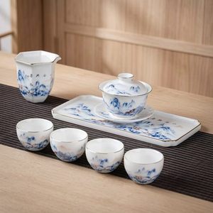 Jingdezhen Ceramic Kung Fu Tea Set Sheep s Fat Jade Set Gilded Lidded Bowl Gift with Custom LOGO - Product Image 3