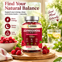 Complément alimentaire personnalisé en marque privée OEM ODM, gommes à l'ashwagandha, 120 unités, saveur framboise, végétalien, sans OGM, sans gluten, formule personnalisée