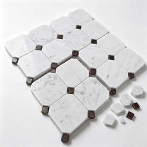 Mosaïque de marbre blanc Carrara octogonal 300x300mm, dos en filet, avec copeaux de marbre brun rouge pour salle de bain, cuisine et intérieur. - Product Image 5