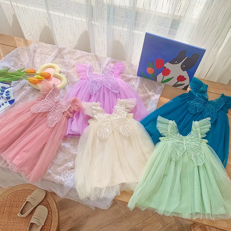 Детское платье с вышитыми бабочками, платье принцессы, детское платье-пачка, платье, украшенное цветами и белого цвета с украшением в виде крыльев бабочки платье без рукавов летняя одежда для детей, с оборками для девочек
