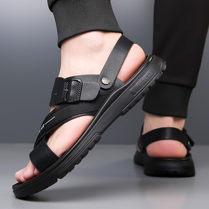 Sandales en cuir véritable à brides croisées pour hommes, semelle en caoutchouc antidérapante, décontractées, été, bout ouvert, boucle, semelle épaisse - Product Image 3