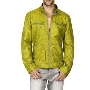 Custom Men's KLJM6 High Quality Sheep Skin Leather 100% Cotton Jacket <b>Mint</b> Color Waxed Edges Canvas Stand Collar Windproof - Product Image 6