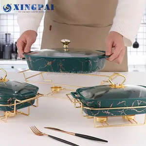 XINGPAI restaurant hotel used marble rectangular chafing dishes ceramic buffet dishes ceramic food warmer with iron stand