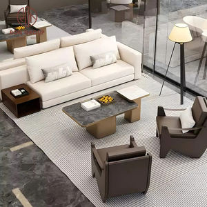 Ensemble de mobilier de restaurant moderne beige, canapé trois places avec deux fauteuils individuels marron foncé et table basse rectangulaire pour café - Product Image 2