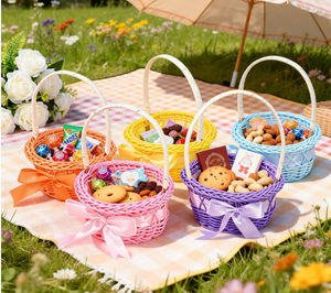 Panier <span class=keywords><strong>de</strong></span> Pâques en rotin tressé à la main avec motif festonné et nœud, panier cadeau écologique pour la <span class=keywords><strong>chasse</strong></span> aux œufs <span class=keywords><strong>de</strong></span> Pâques - Product Image 6