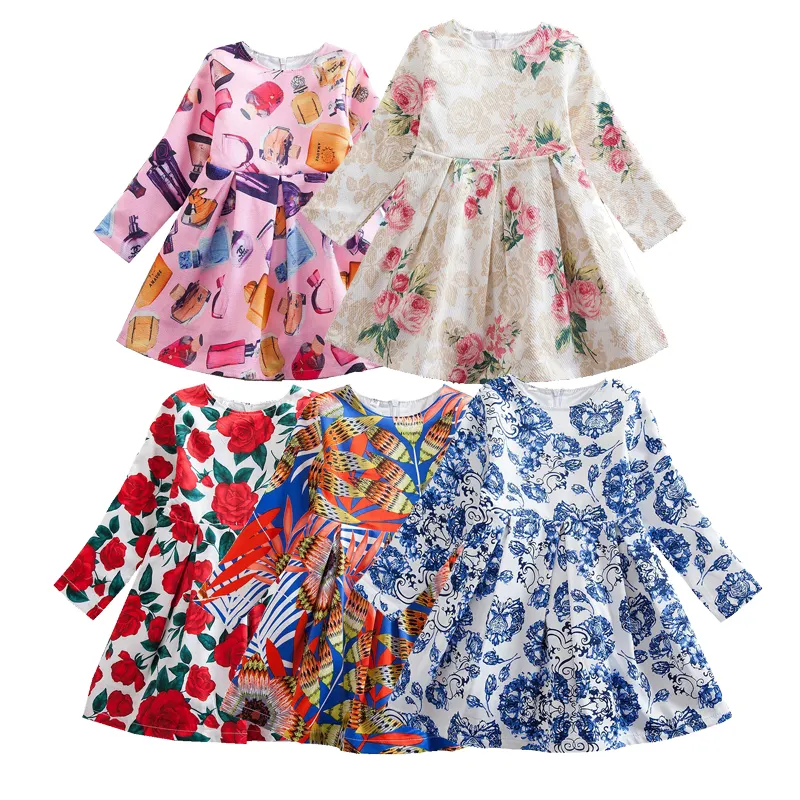 Fuyu New Design Baby Girl Children Digital Print Long Sleeve Dress Toddler Girl Kids Party Dress