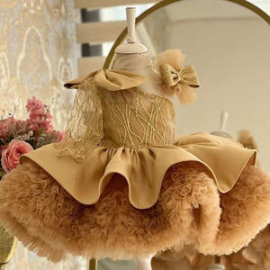 サンセットイエローふわふわオートクチュール子供服ワンショルダーボウデコレーションサテン高品質プリンセスバースデーパーティーガールドレス - Product Image 2