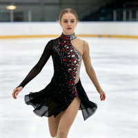 Robe de patinage artistique noire et rouge avec strass, manches longues en maille, col montant, costume de compétition pour adultes et enfants, tenue de performance