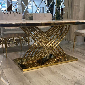 QUYANG su misura decorazione per la casa di lusso pietra tavolo da pranzo Base <span class=keywords><strong>lastra</strong></span> di marmo piombino d'oro in <span class=keywords><strong>acciaio</strong></span> inox gambe del tavolo - Product Image 2