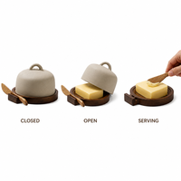 Beurrier avec base en bois, en céramique avec spatule, pot de rangement pour confiture, plateau à beurre