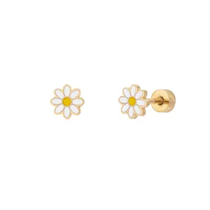 Chrysantheme niedliche Blume Emaille Ohr stecker 18 Karat goldenen Edelstahl Schmuck für Kinder Frauen Mädchen