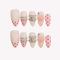Ongles à presser Weet-Pink à pois, fleurs 3D françaises, faits main, en acrylique, forme amande, avec chaîne de strass argentés