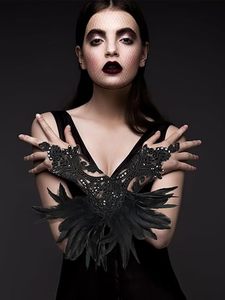 Vente en gros de gants en plumes noires Gants gothiques en maille de dentelle Gants gothiques demi-doigts pour femmes Carnaval Party Dance - Product Image 4