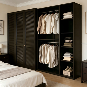 Armoire métallique moderne à 3 portes avec design ondulé cannelé, sans formaldéhyde, en acier couleur expresso, grand système de rangement pour chambre à coucher - Product Image 1
