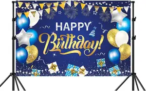 Digital Printing Navy Blue Gold Happy Birthday Backdrop Colth Birthday Party Photography Background Glitter