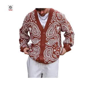 Novas chegadas Brown Impressão Homens Custom Sleeve Coat Knit Clothes Moda Malha Cardigan Sweater Homens
