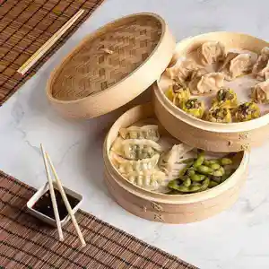Grosir keranjang kukus bambu 12 inci, pengukus sayuran 2 tingkat untuk memasak dengan sumpit piring & Liner