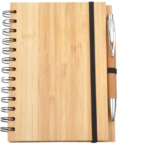 Luxury Ring Binding Recycled Real Bamboo Cover Notebook Bamboo Wooden Journal Notebooks Note Books And Pen Gift Set